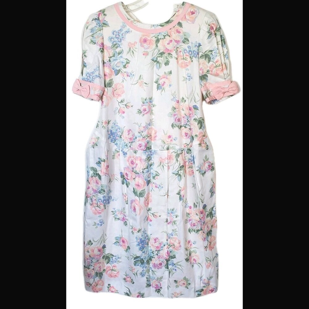 Vintage 80s Garden Party Floral Bow Dress Mother's Work Cottagecore EUC VTG